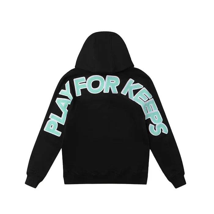 Geedup Play For Keeps Hoodie Black/Teal front view – bold teal logo on black hoodie