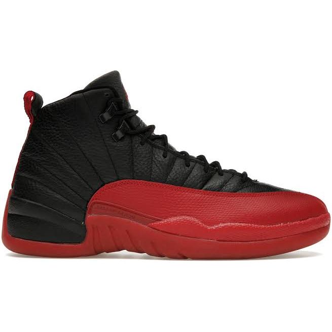 Air Jordan 12 Retro Flu Game 2025 sneaker with black and varsity red colorway, showcasing premium leather and signature design elements.