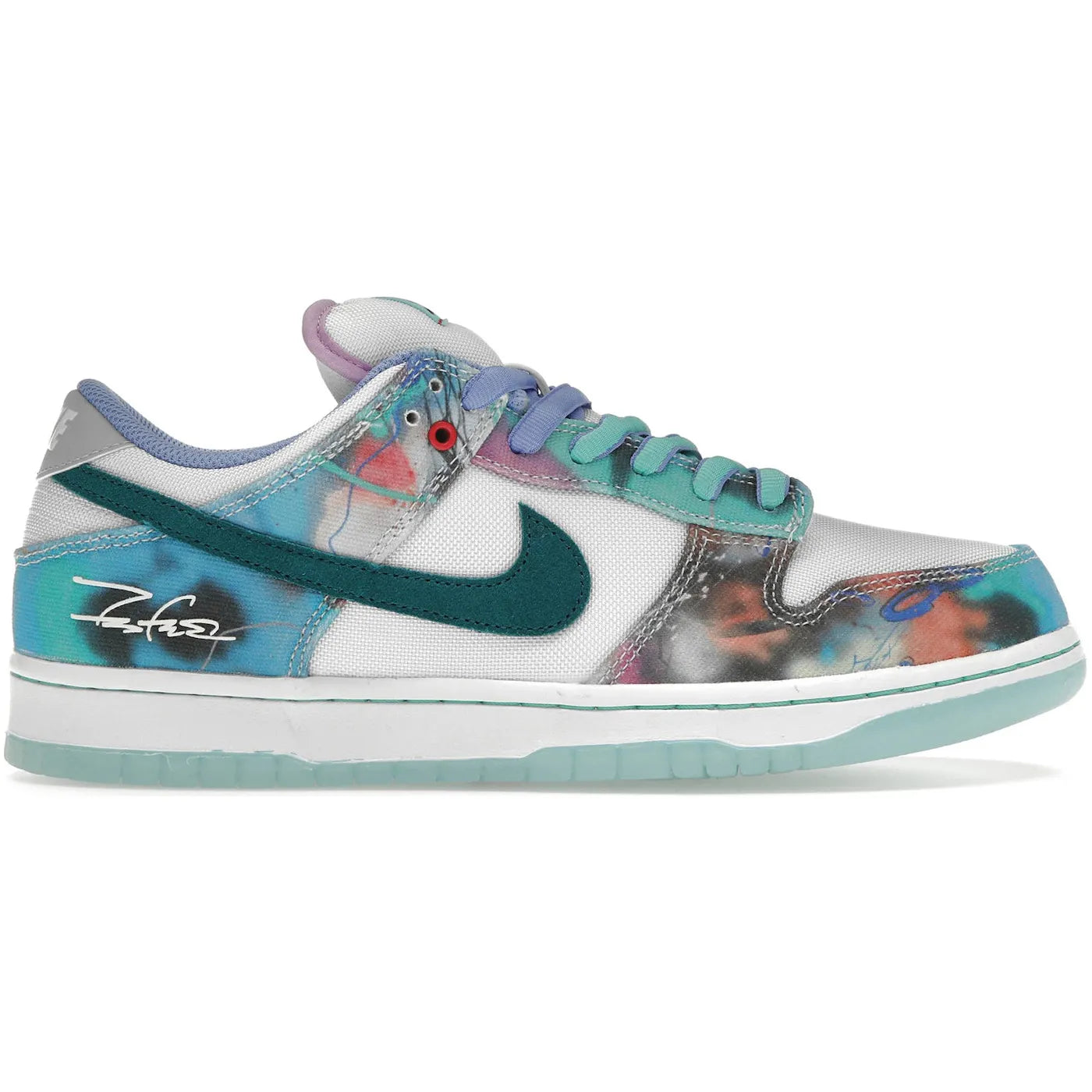 Nike SB Dunk Low Futura Laboratories Bleached Aqua front view – vibrant aqua tones with graffiti styling