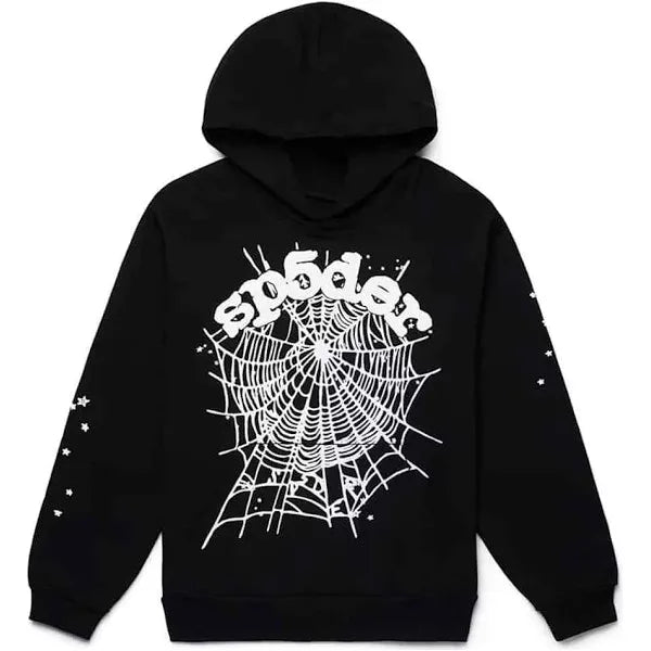 Sp5der OG Web Hoodie in black with signature web design on front