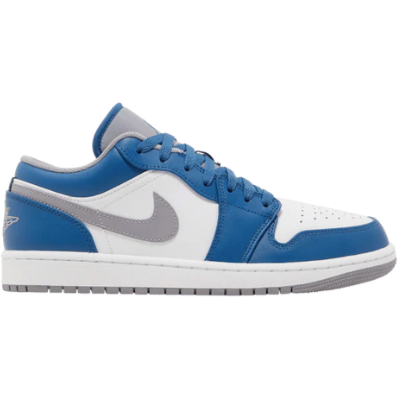 Jordan 1 Low True Blue Cement with elephant print, bold blue accents, authentic pair, fast shipping, and limited sizes available