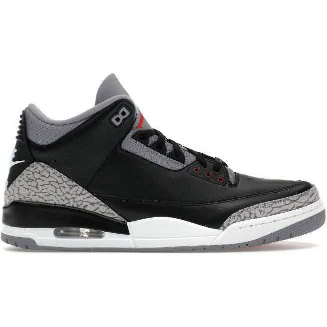 Air Jordan 3 Retro OG Black Cement 2024 sneaker with black leather upper, elephant print detailing, and varsity red accents.