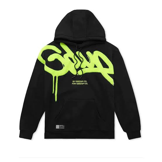 Geedup Handstyle Hoodie in Black Hyper Green – authentic limited streetwear hoodie with bold graffiti-style logo, fast shipping in Australia