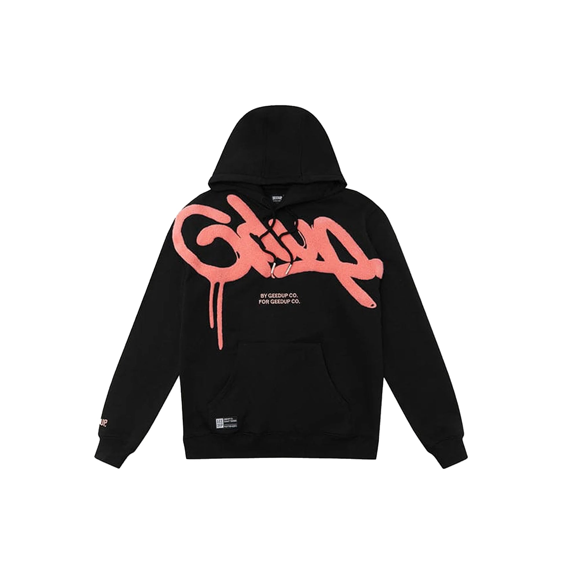 Geedup Handstyle Hoodie Black/Peach front view – bold peach logo on black hoodie