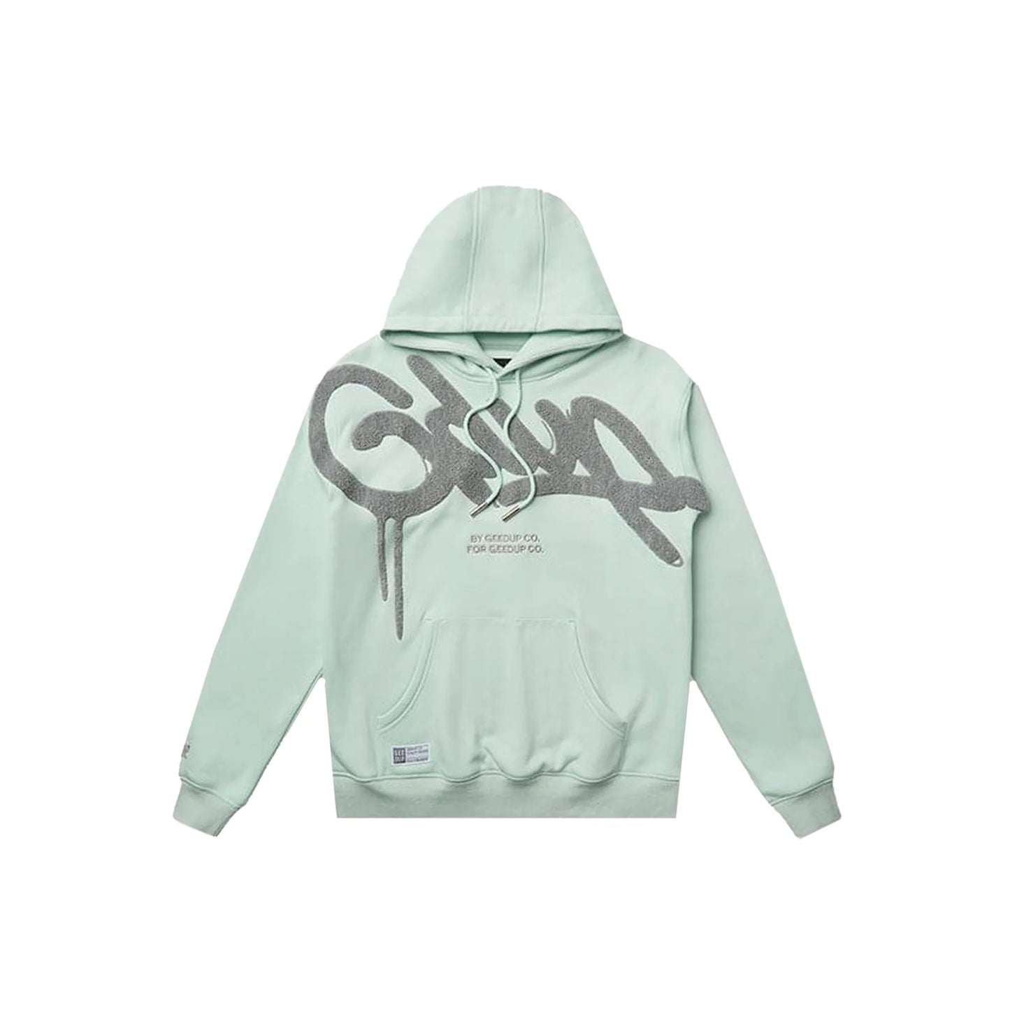 Geedup Handstyle Hoodie Teal/Grey front view – bold handstyle logo with cozy design
