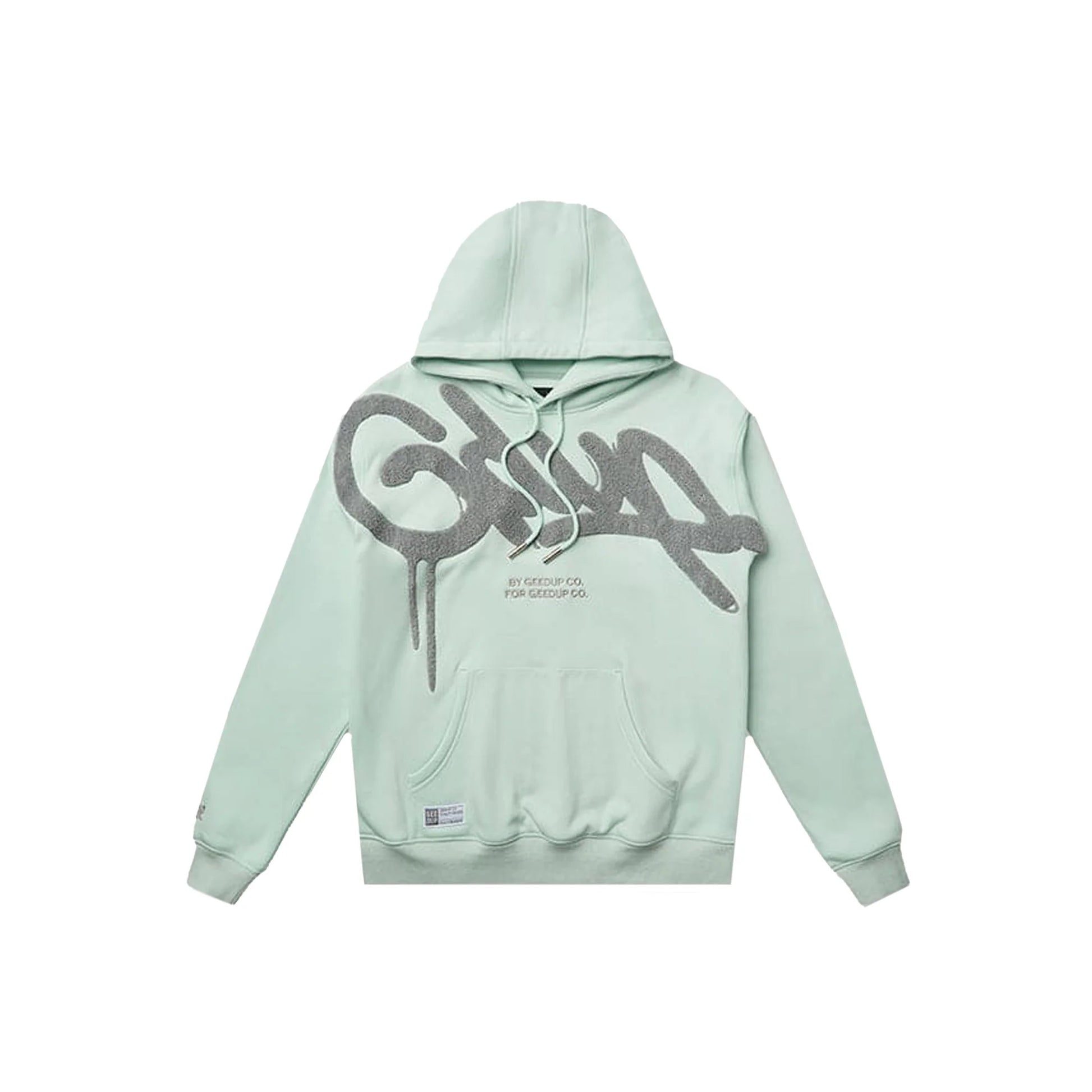 Geedup Handstyle Hoodie Teal/Grey front view – bold handstyle logo with cozy design