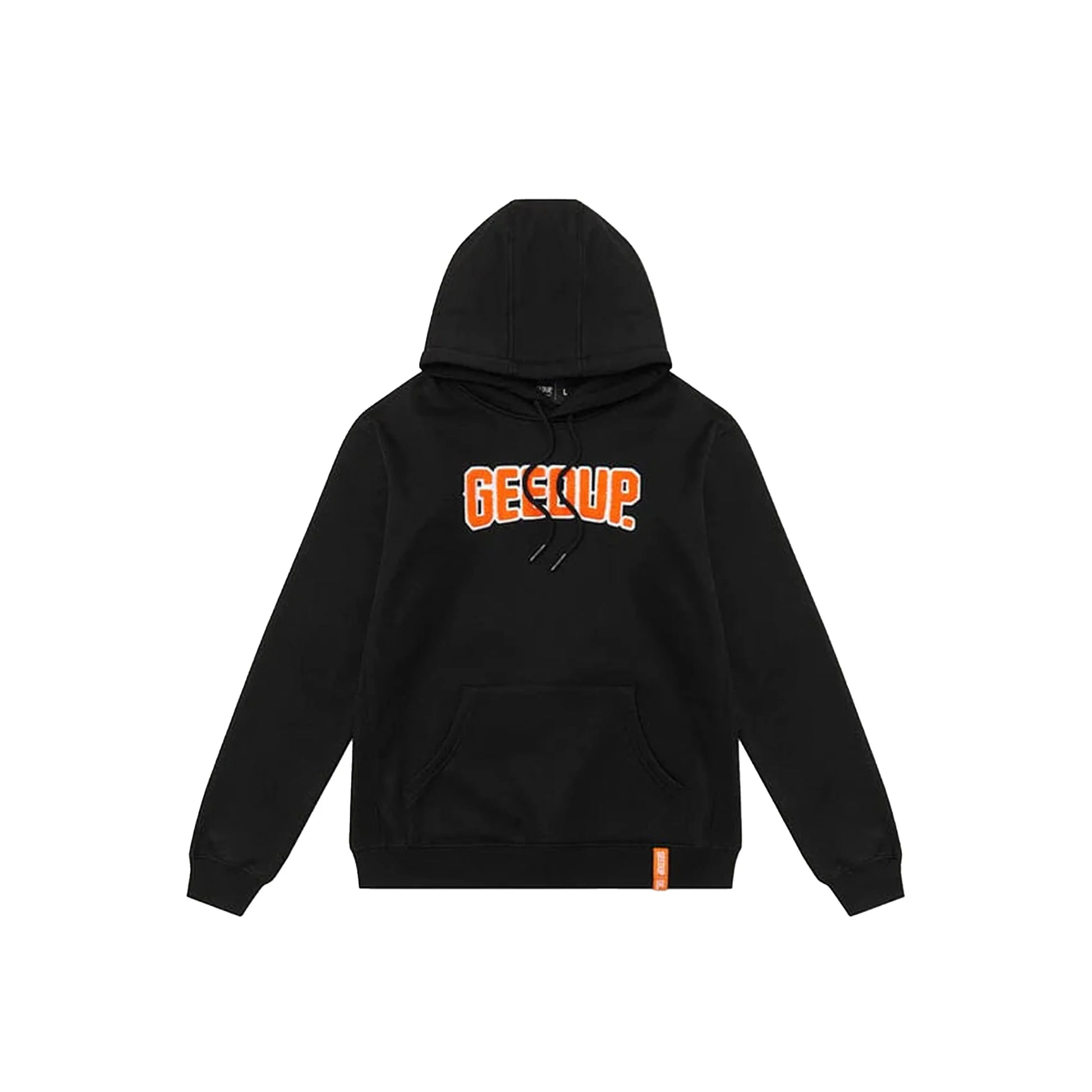 Geedup Play For Keeps Hoodie Black/Back Orange front view – bold orange logo on black hoodie