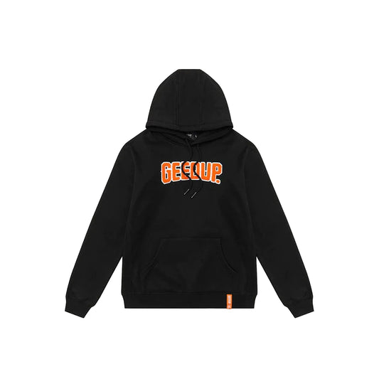 Geedup Play For Keeps Hoodie Black/Back Orange front view – bold orange logo on black hoodie