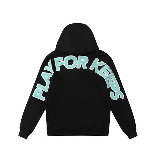 Geedup Play For Keeps Hoodie Black/Teal front view – bold teal logo on black hoodie