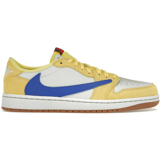 Jordan 1 Retro Low OG SP Travis Scott Canary (Women’s) front view – yellow suede upper and reverse Swoosh