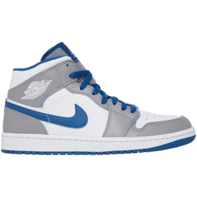 Air Jordan 1 Mid Cement True Blue with elephant print overlays, authentic pair, fast shipping, and limited sizes available