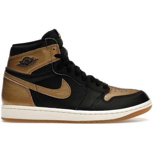 Jordan 1 Retro High OG Black Metallic Gold front view – patent leather shine with gold accents