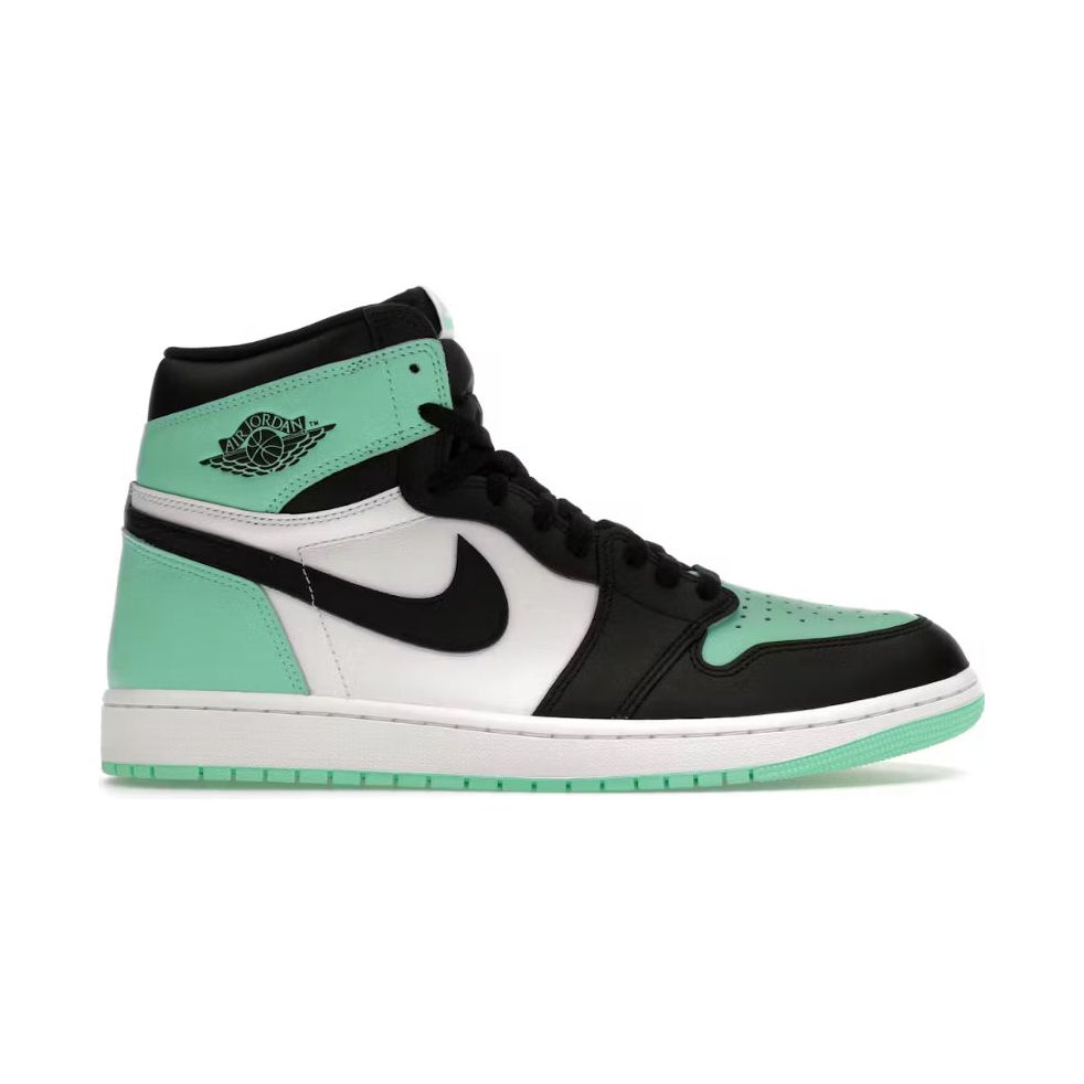 Jordan 1 Retro High OG Green Glow front view – vibrant green overlays on white leather base