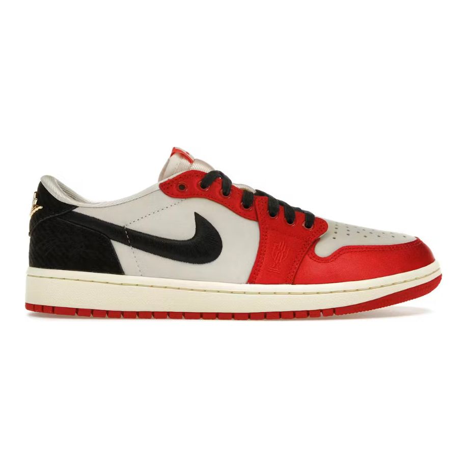Jordan 1 Retro Low OG Trophy Room Away front view – luxurious white leather with a mix of blue and red accents
