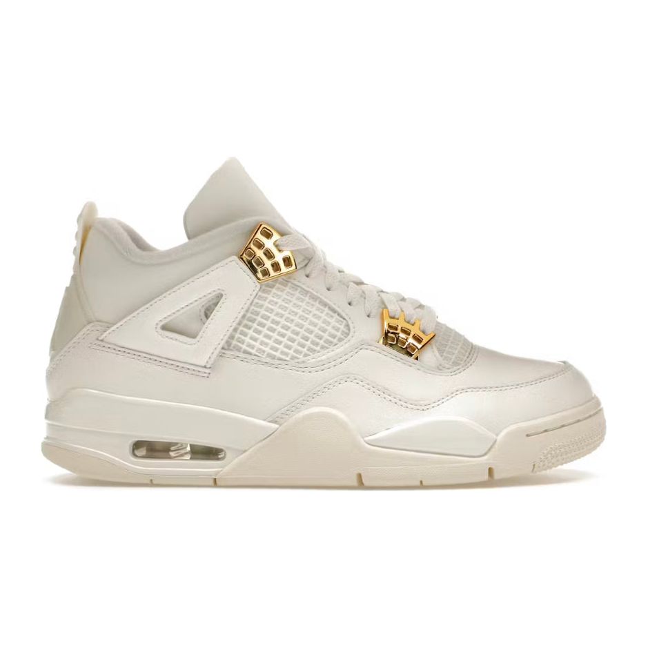 Jordan 4 Retro Metallic Gold Women’s front view – clean white leather with gold eyelets and luxe detailing