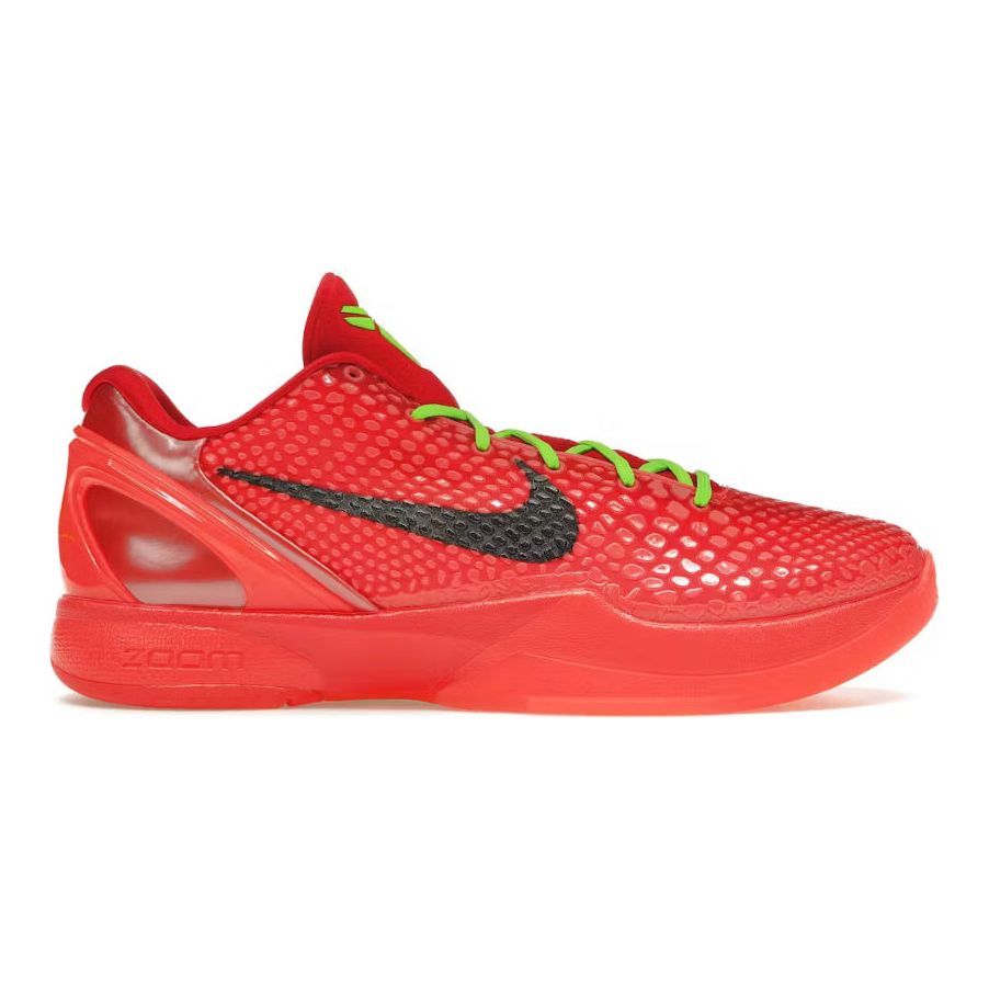 Nike Kobe 6 Protro Reverse Grinch front view – bold crimson upper with neon green accents and Mamba design