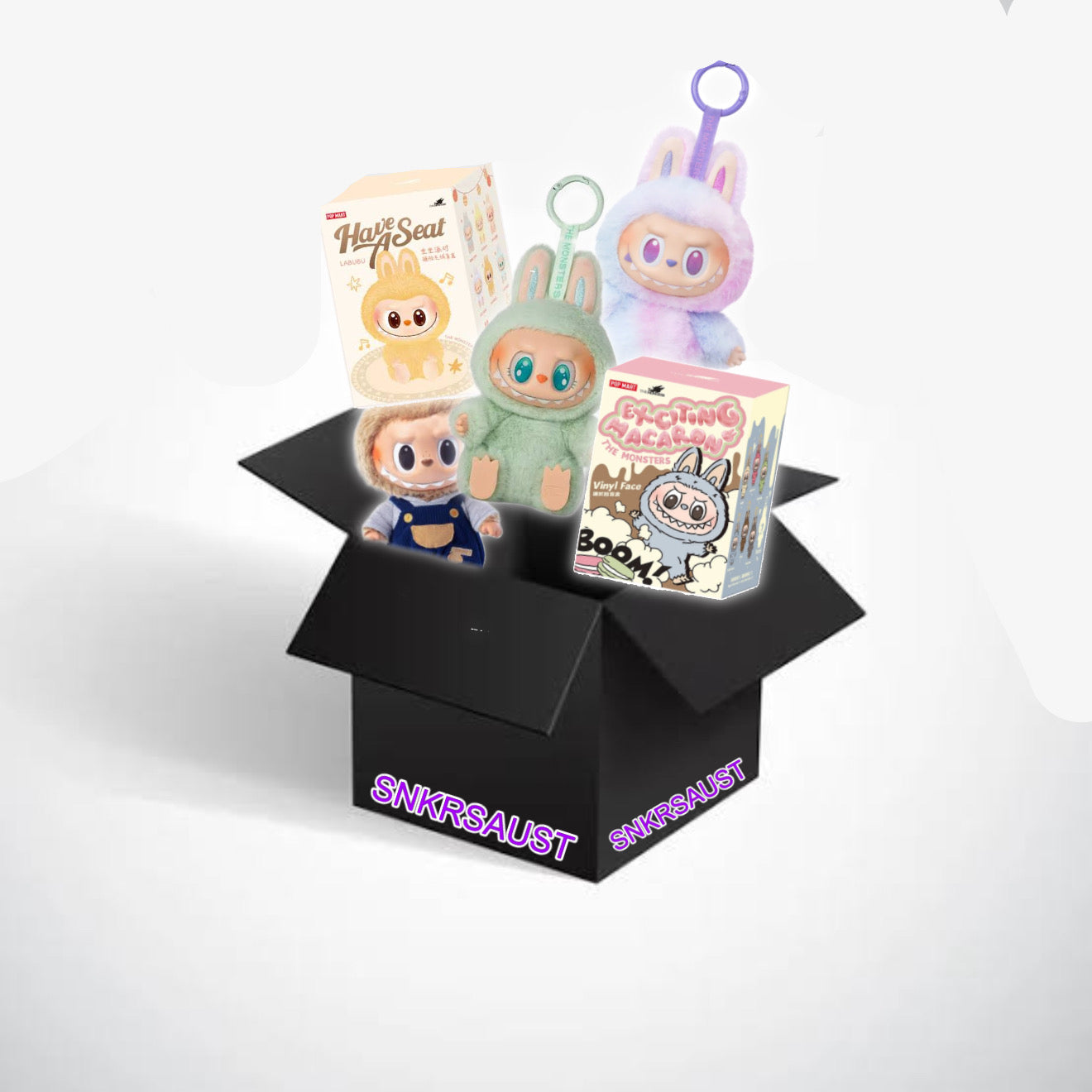 SNKRSAUST Labubu Mystery Box featuring rare, collectible designer toys in exclusive packaging