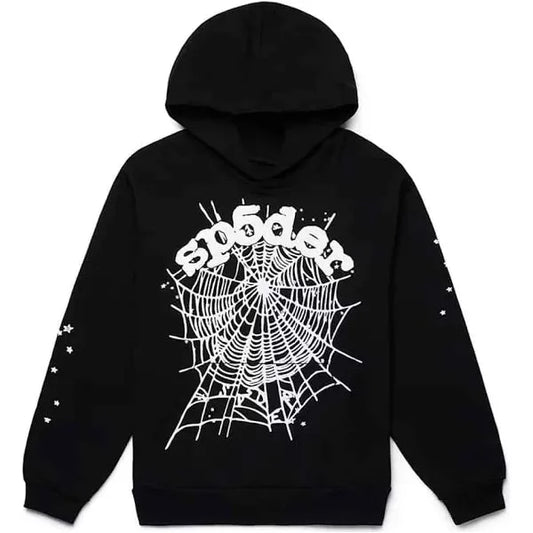 Sp5der OG Web Hoodie in black with signature web design on front