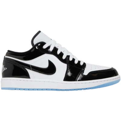 Jordan 1 Low SE Concord 2023 with black patent leather, white upper, fast shipping, 100% authentic, and limited sizes available