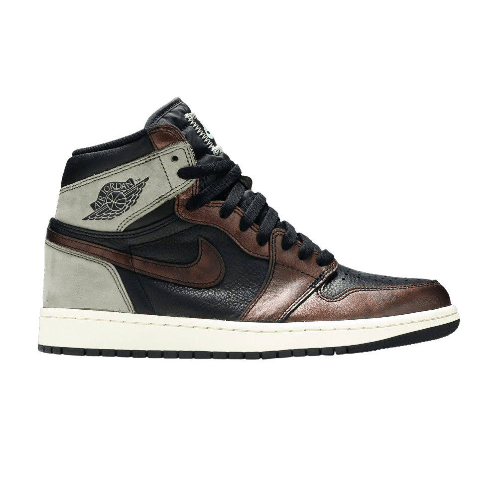 Nike Air Jordan 1 High Patina sneakers with distressed brown leather and metallic Swoosh, 100% authentic with free shipping in Australia