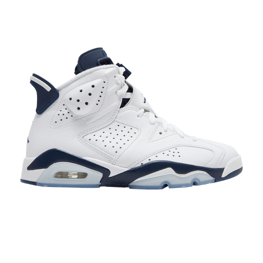 Nike Air Jordan 6 Midnight Navy sneakers in white leather with navy blue accents, 100% authentic with free shipping in Australia