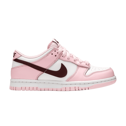 Nike Dunk Low GS in pink, red, and white leather, 100% authentic sneakers with free shipping available in Australia